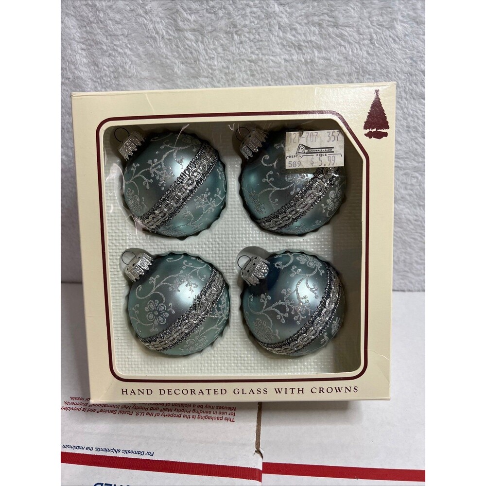 4 Christmas By Krebs Embellished Glass Ball Christmas Ornaments Crowns USA